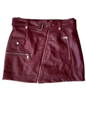 Avec Les Filles Brown Faux Leather Belted zipped up casual Mini Skirt, Size M